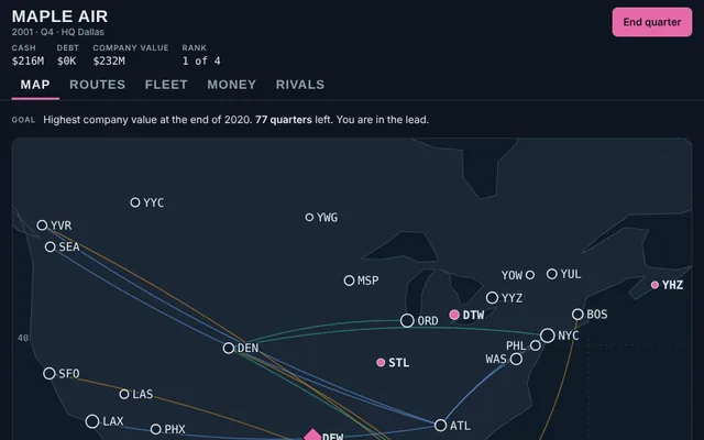 A route map of North America with rival airline networks