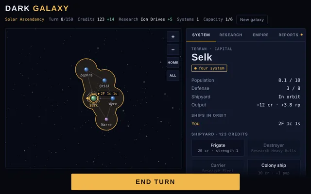 The Dark Galaxy star chart with the home system selected