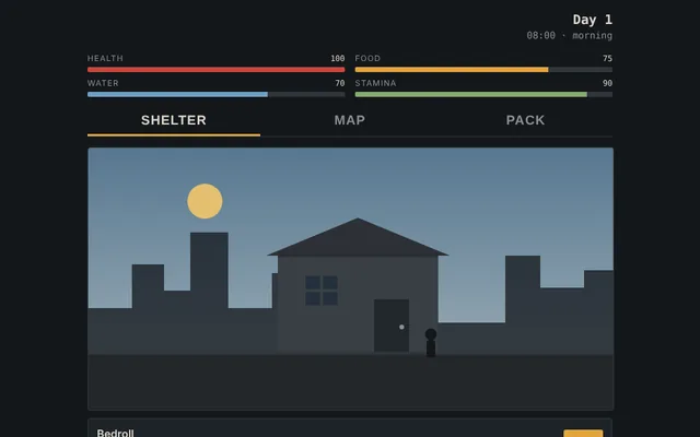 A shelter on a dark city street with health, food, water and stamina bars
